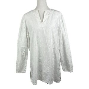 Lands End Embroidered  Tunic Coverup Top Sz L 14-16 Notch Coastal Beachy Swim
